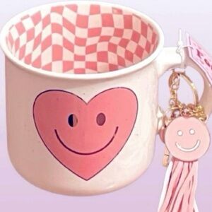NEW- Sheffield Home-Pink Smiley Heart Ceramic Coffee/ Tea Mug w/ Key Ring
